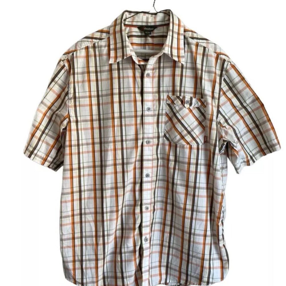 Cloudveil Plaid Button Shirt Orange Brown Biege Mens Size XL Short Sleeve